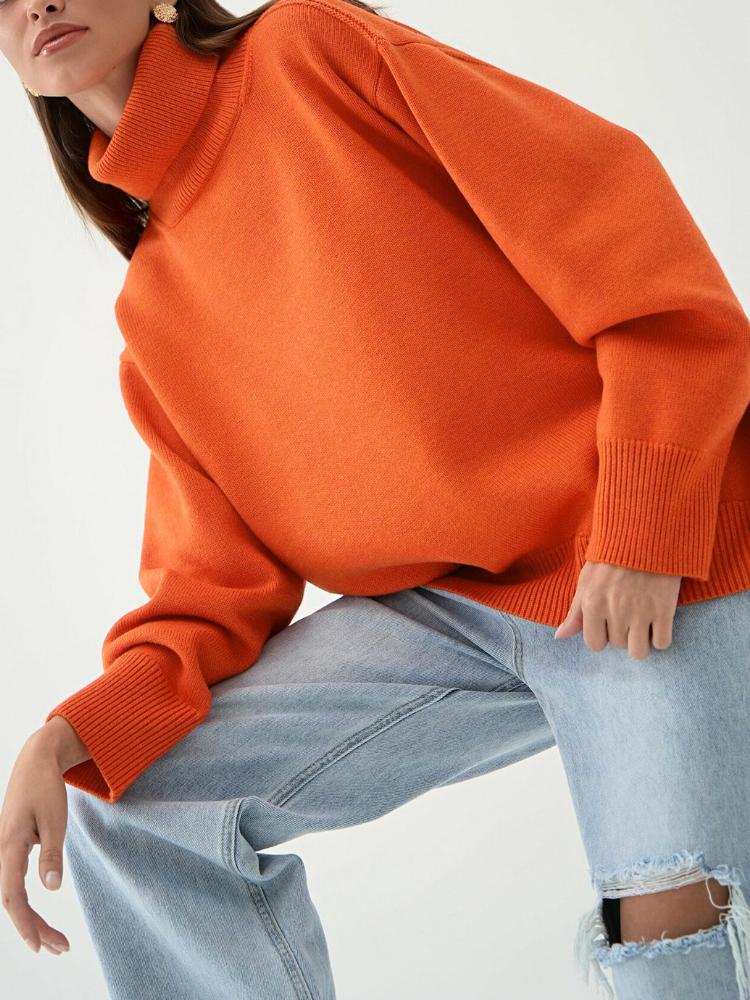 Женский свитер с высоким воротом, осенне-зимний свободный свитер, классический универсальный однотонный женский вязаный свитер-пуловер