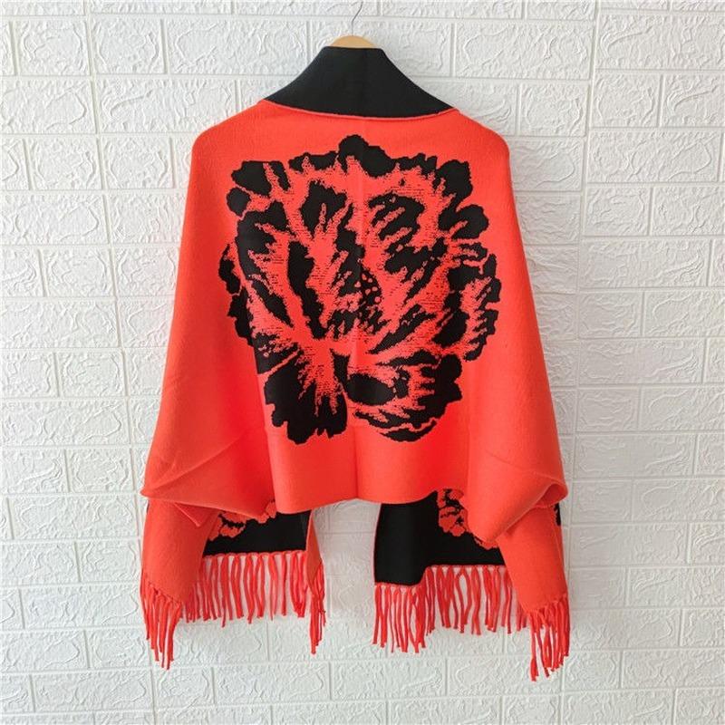 Женское пончо 2022, осенне-зимний шарф из искусственного кашемира с пионом и бахромой, двусторонняя теплая накидка с длинными рукавами, женский топ