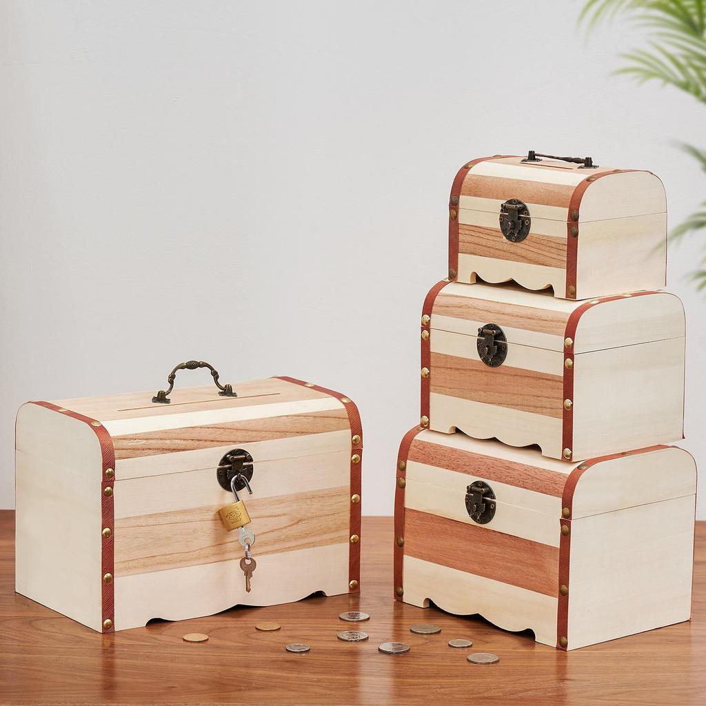 Large Capacity Solid Wood Piggy Bank with Lock for Children