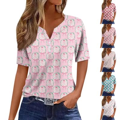 Женская повседневная футболка с v-образным вырезом и коротким рукавом с цветочным принтом и декоративными пуговицами, топ