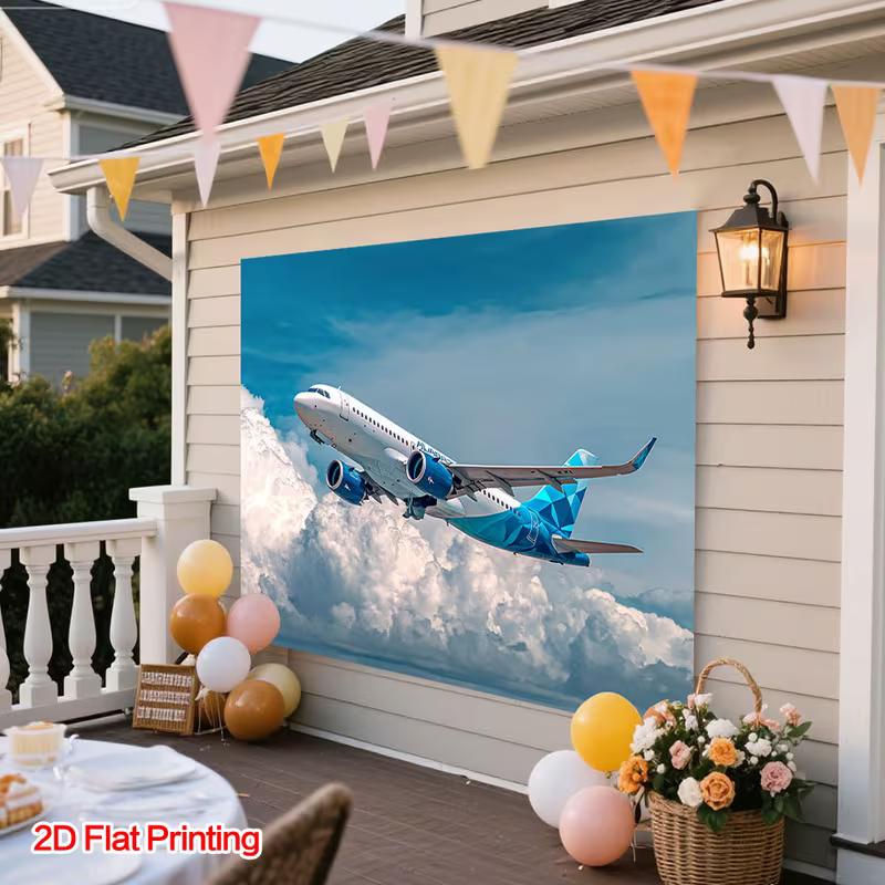 2D Airplane Theme Backdrop, Boys Birthday Party Aviation Photo Background
