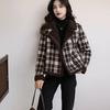 Women's Winter Slim-Fit Contrast Collar Faux Shearling Plaid Jacket Chic Short-Length Blazer with Suit Collar