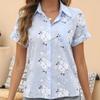 Women Cotton Linen Shirt Turn Down Collar Single Breasted Blouse White Yellow Blue Tops Summer Short Sleeve Floral Print Shirts