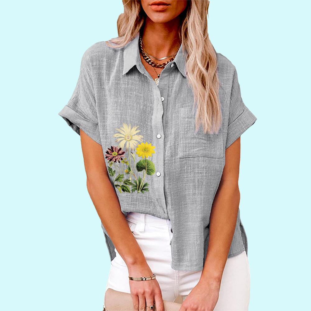 Большие размеры Женская мода цветочный принт блузка повседневная льняная футболка женская свободная рубашка с коротким рукавом на пуговицах