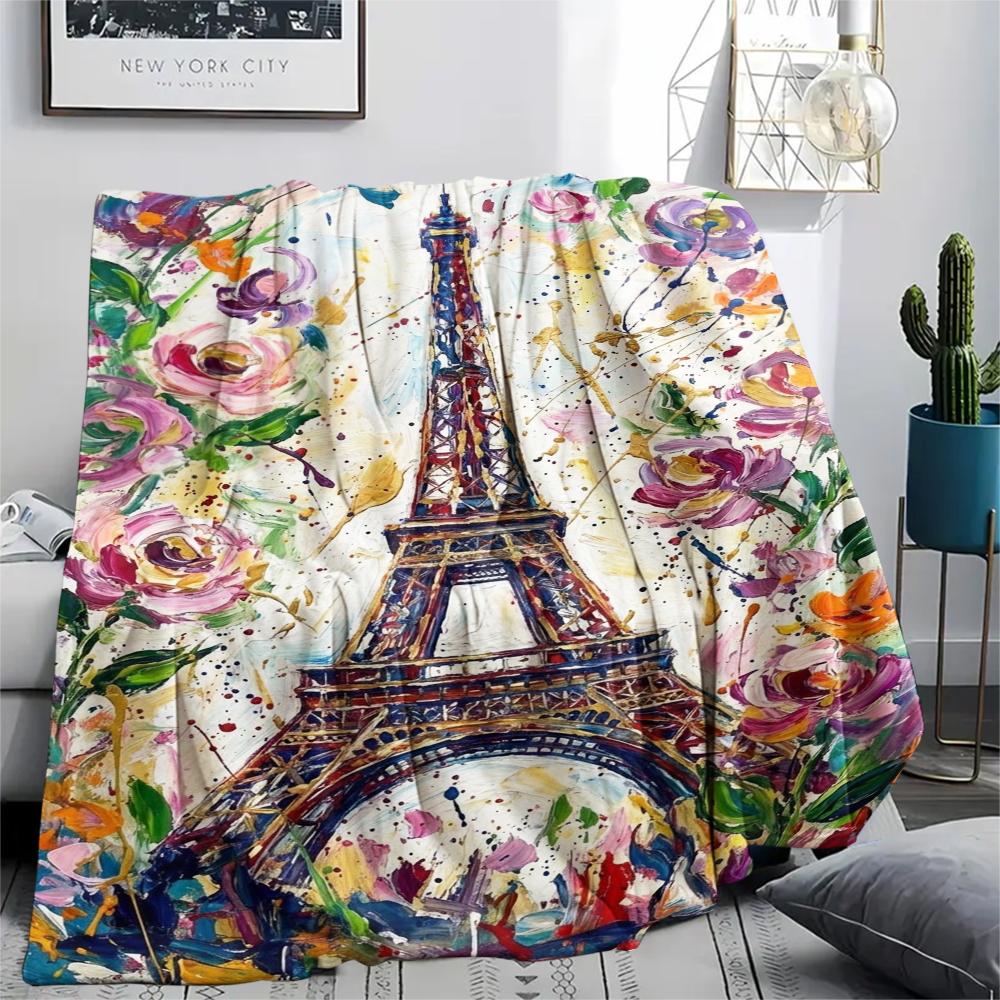 Paris Eiffel Tower Print Flannel Blanket, High quality Comfortable for All Seasons, Home Decor, Warmth and Comfort, Perfect for Christmas Gifts98