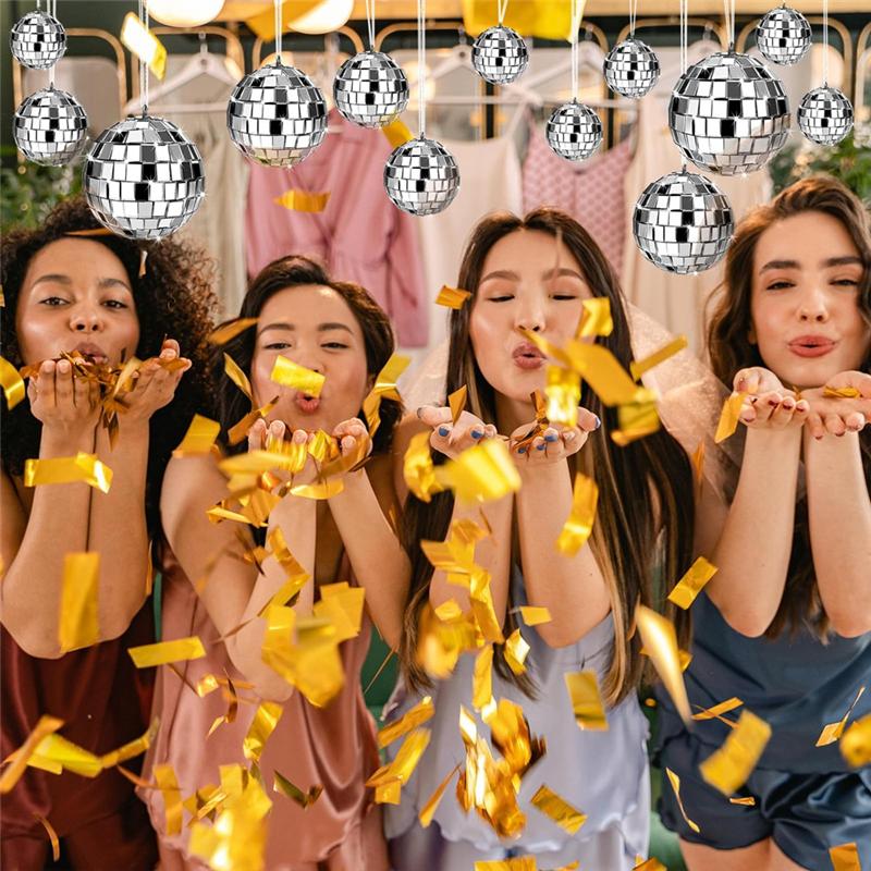 Тренд 2025 24 шт. Зеркальный диско-шар для подвешивания, Стеклянный декор диско-шара, Украшения для диско-вечеринки, Для праздничного декора с веревкой