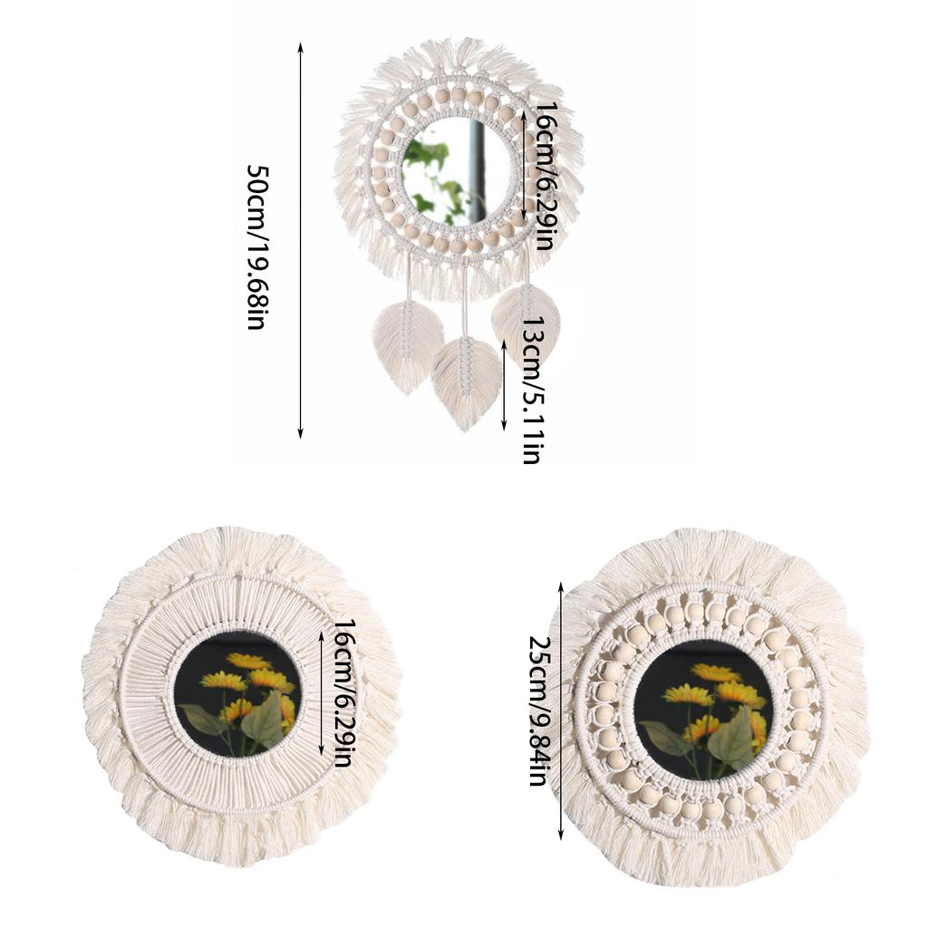 Bohemian Wall Hangings Mirrored with Macrames Woven Fringed Tassels Leaf Pendants Handmade Decorative Makeup Mirrored