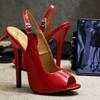 Модные туфли FHC на высоком каблуке 14 см, женские туфли-лодочки из лакированной кожи, мужские фетиш-туфли с вырезом сзади. Открытый носок, ремешок с пряжкой на щиколотке, красный, цвет на заказ