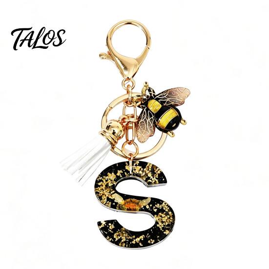 Talos Black Series Keychain Pendant, Dried Flower Initial Letter Charm Key Chain with Bee Tassel Design, A-Z Holder for Bag Purse Backpack