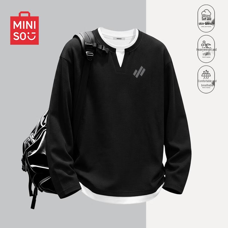 MINISO Men's Casual Waffle Knit Long Sleeve V-Neck T-Shirt