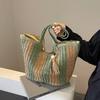 New Shoulder Striped Straw Bag Large Capacity Tote Bag Women's Hand Woven Bag Straw Bag Seaside Vacation Beach Bag