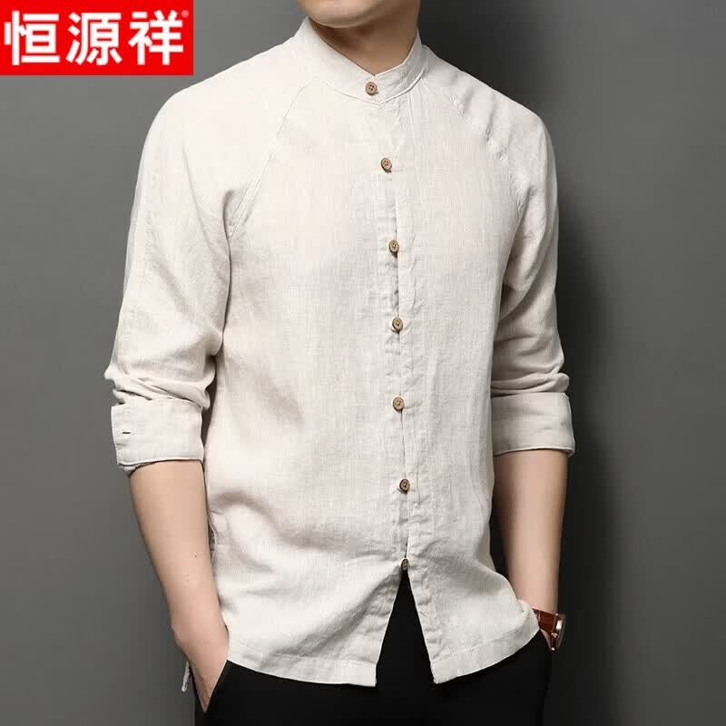 Мужская рубашка Hengyuanxiang 100% лен с китайским воротником-стойкой, длинный рукав