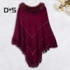 Women Fall Winter Cloak Tassel Bead Decor Faux Fur Decor Triangle Shape Solid Color Knitted Keep Warm Elastic Poncho Shrug Bohemian Style Cable Wrap
