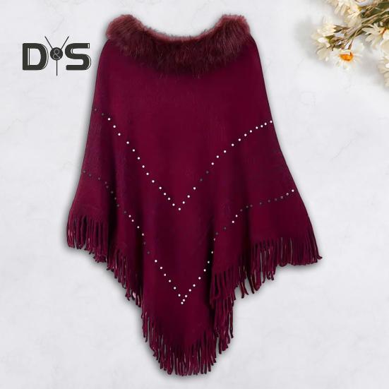 Women Fall Winter Cloak Tassel Bead Decor Faux Fur Decor Triangle Shape Solid Color Knitted Keep Warm Elastic Poncho Shrug Bohemian Style Cable Wrap
