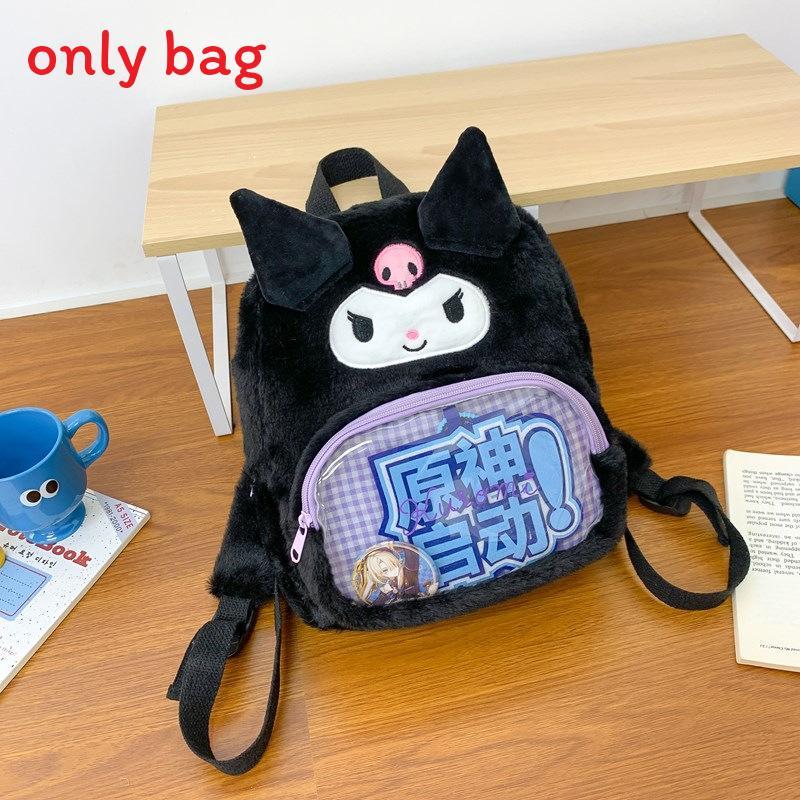 Cute Hello Kitty Kuromi Cinnamoroll My Melody Checkered Pattern Plush Backpack For Leisure Trips