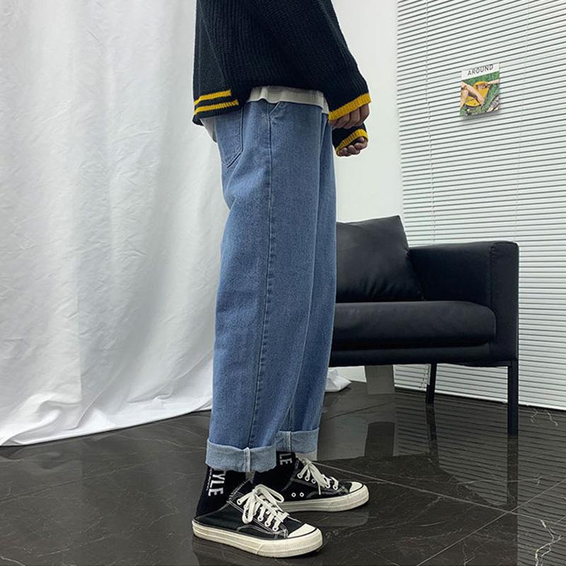 Мужские брюки Летняя весенняя одежда Прямые джинсы с девятью точками Мужские свободные узкие брюки на привязках Студенты-мужчины Трендовые универсальные широкие брюки