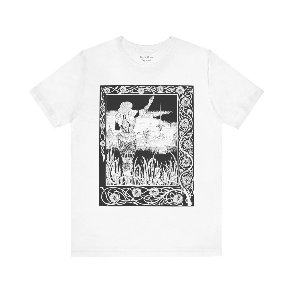 Экскалибур в озере, футболка Обри Бердслея, винтажная футболка с искусством, рисунок тушью, футболка с коротким рукавом Джерси в стиле ар-нуво с королем Артуром