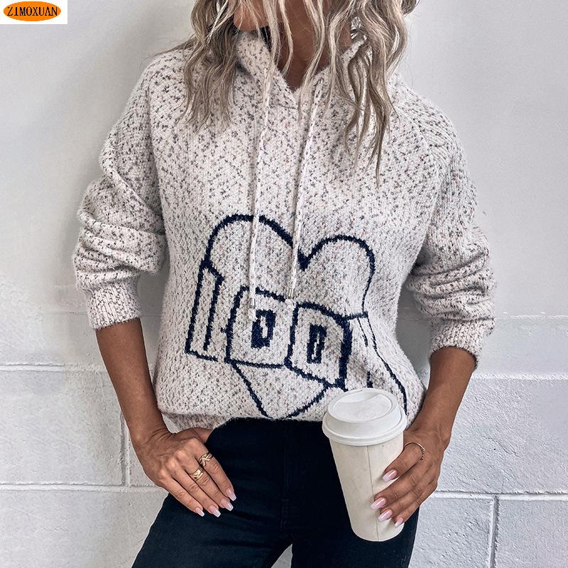 ZIMOXUAN Женский вязаный свитер с капюшоном и шнурком, вышивкой букв и длинными рукавами для повседневной носки