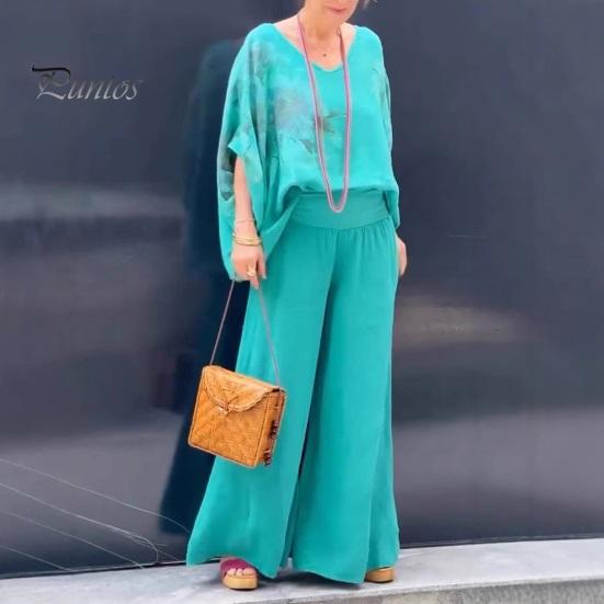 2 Pcs/Set Blouse Pants Suit V Neck Bat Sleeves Baggy Loose Flower Printing Top Wide Leg Elastic Waist Pants Casual Daily Outfit Commuting Travel