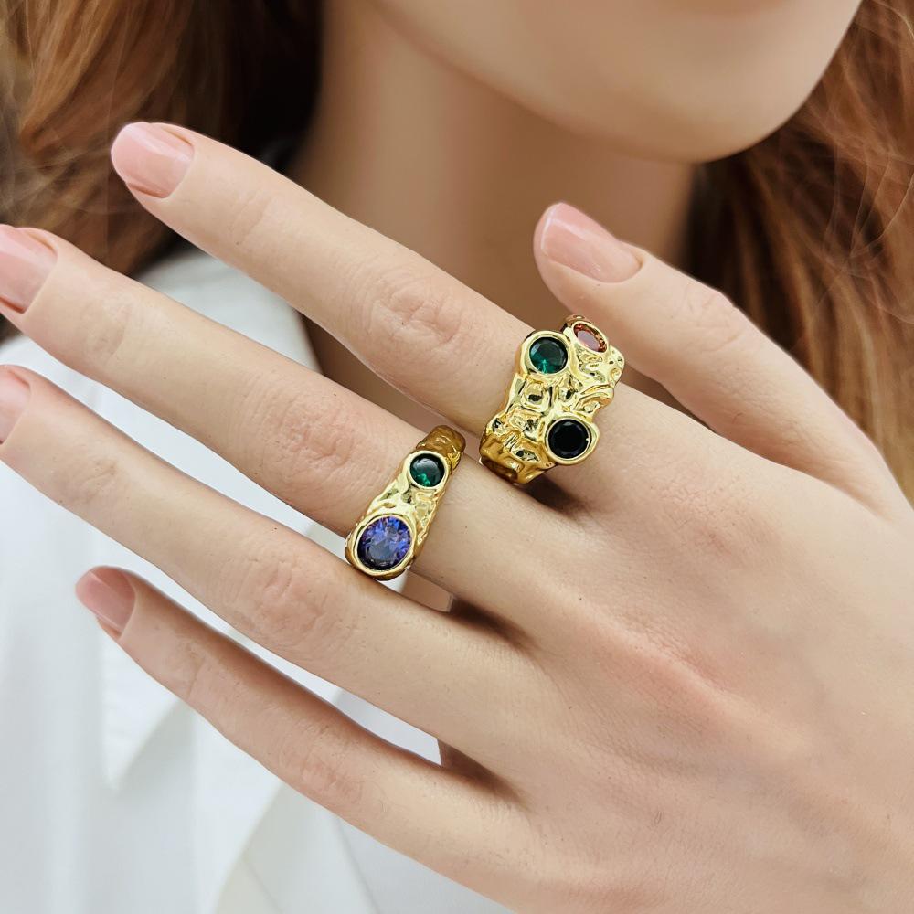 Women's Retro Molten Lava Ring with Colored Diamonds - Exaggerated Design