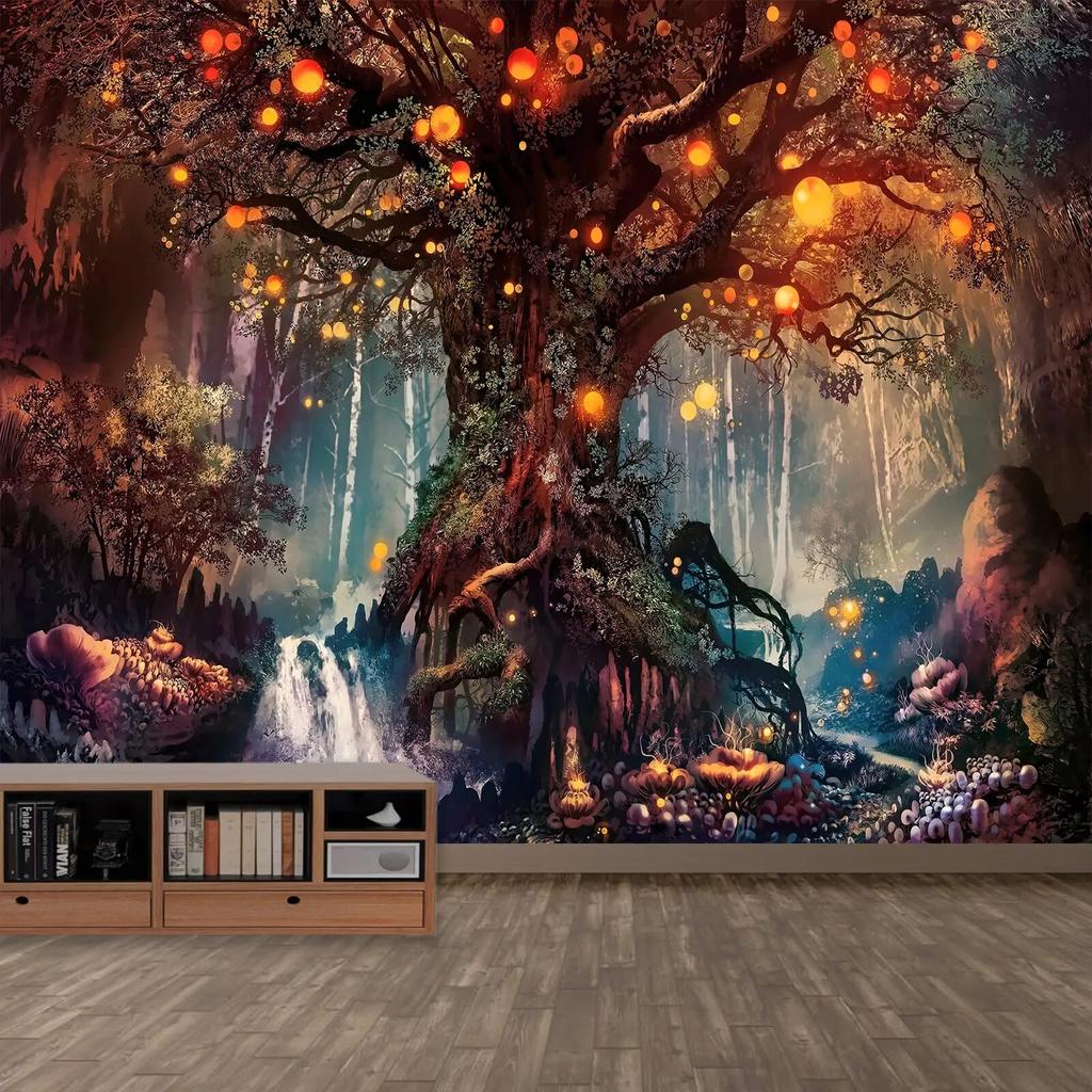 Fantasy Forest Landscape Tapestry Flowers and Plants Misty Tree Hole Tapestry Wall Art Hanging Cloth Room Home Decoration