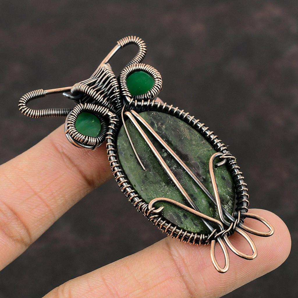 Подвеска из рубиновой меди и цоизита, зеленая подвеска от сглаза, подвеска из драгоценного камня в виде проволоки, ручная работа, медные украшения, подарок для матери, подвески в виде совы