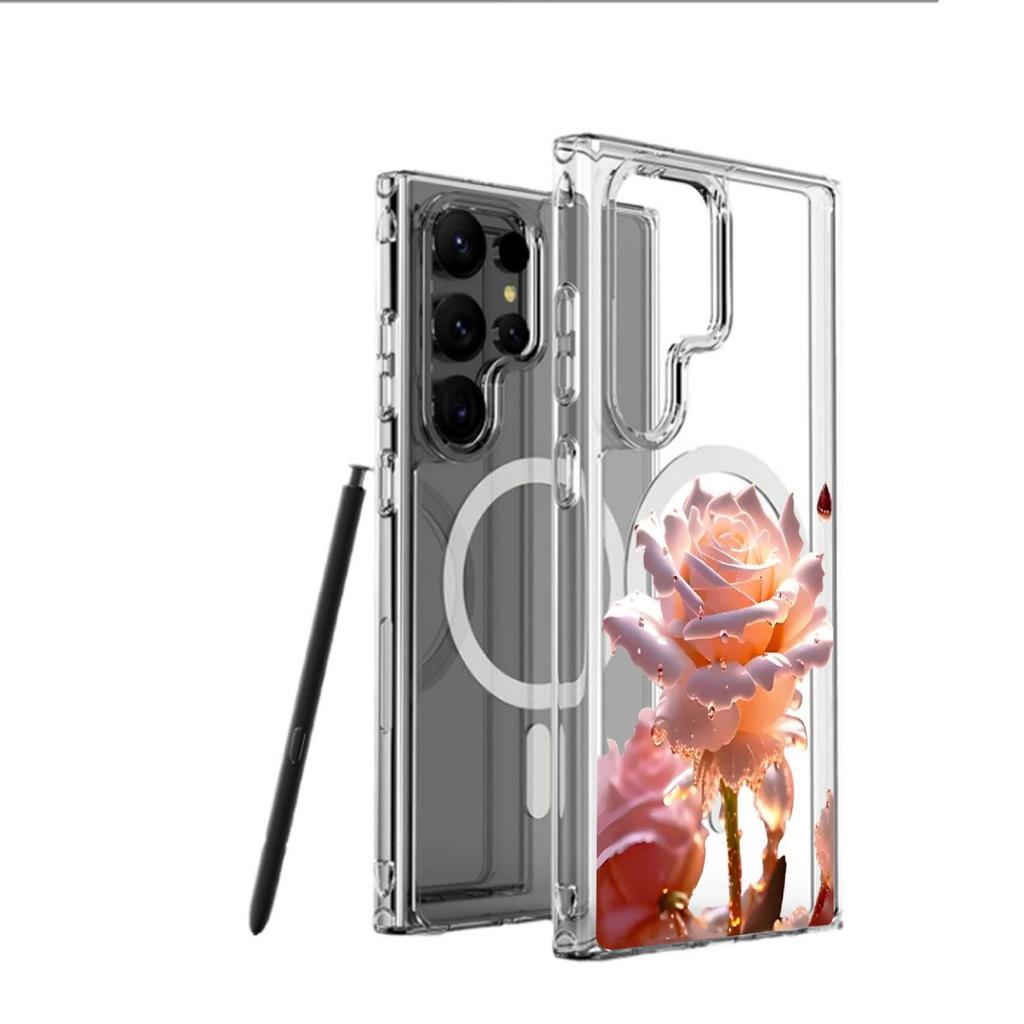 Прозрачный магнитный чехол с рисунком Розовой Розы для iPhone 15/16/17 Pro Max – Полное покрытие