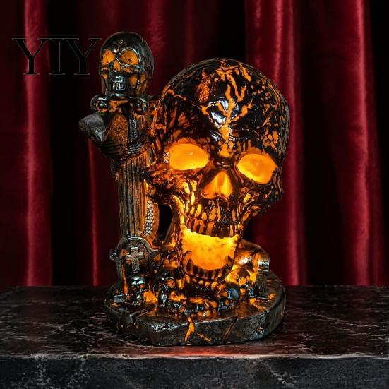 Decorative Desk Lamp Skull Table Lamp, Halloween Glowing Skeleton Resin Figurine, Gothic Ambient Mysterious Bedroom Decor Night Light for Mantel Shelf