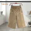 Women Cropped Pants Elastic High Waist Summer Thin Casual Pants with Pockets Solid Color Loose Fit Wide Leg Harem Pants