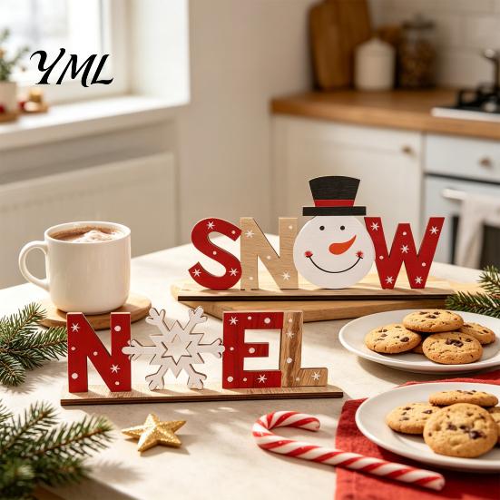 Christmas Home Decor Wooden Table Sign, XMAS SNOW NOEL Tabletop Sign with Holiday Decorations Base, Hollow Letter Centerpiece for Xmas Party