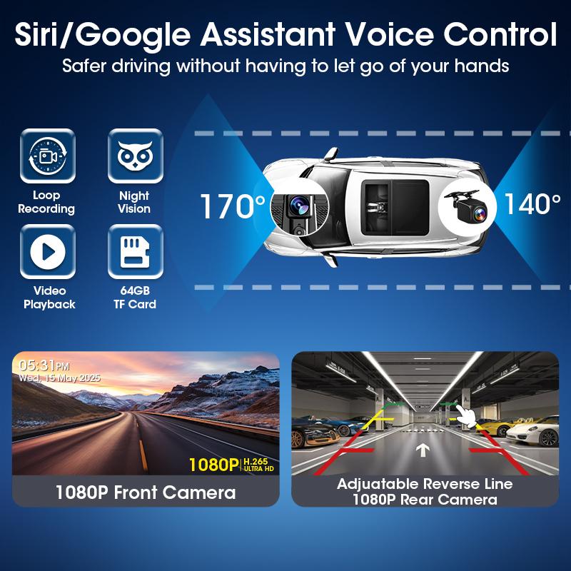 11,26-дюймовый Автомобильный видеорегистратор Android 14 4G+64G 4G LTE WIFI Видеорегистратор Carplay Android Auto Двойная камера Запись 1080P Поддержка Youtube Netflix