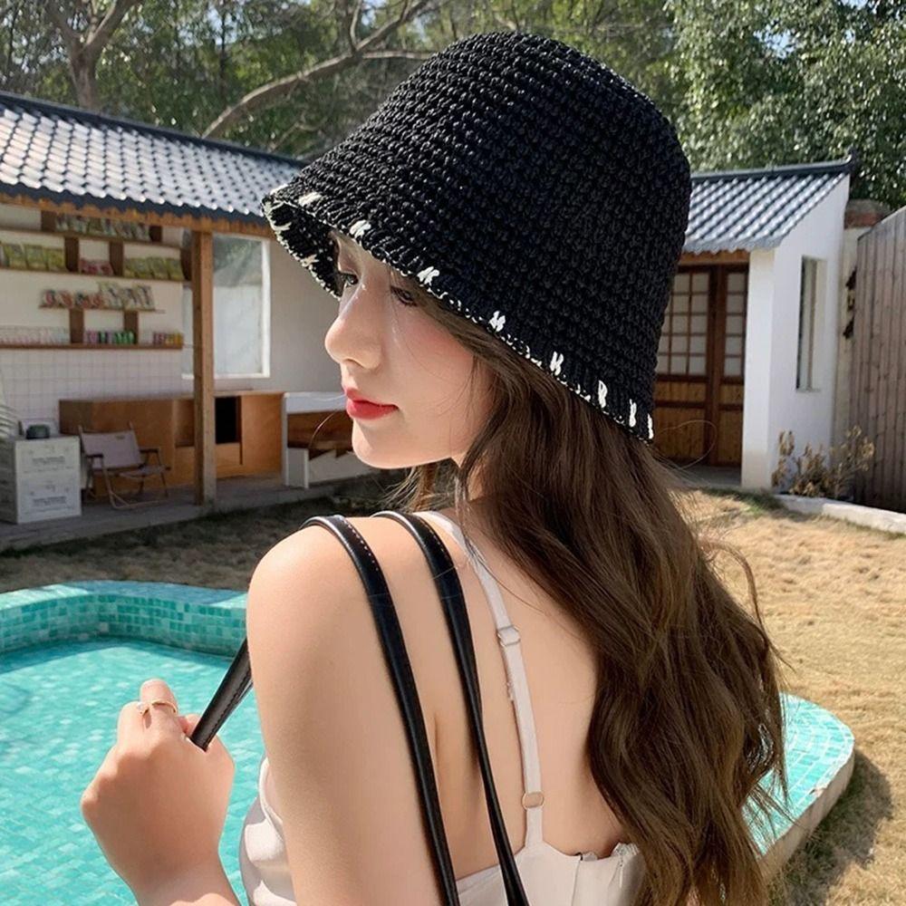 Hollow Women Visor Bucket Hat Breathable Fisherman Hat Korean Beach Straw Hat Summer