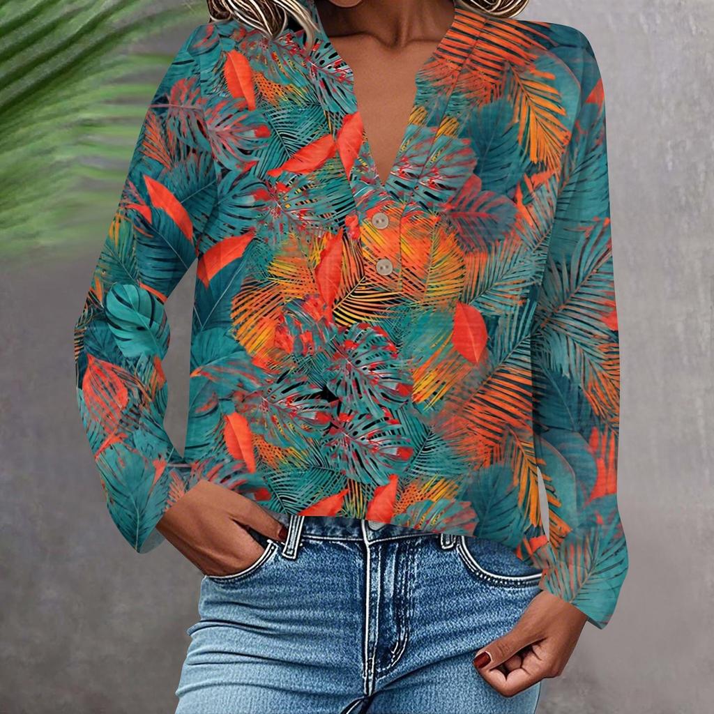 Женская модная и повседневная рубашка с длинным рукавом, V-образным вырезом, на пуговицах, с принтом, блузка, топ