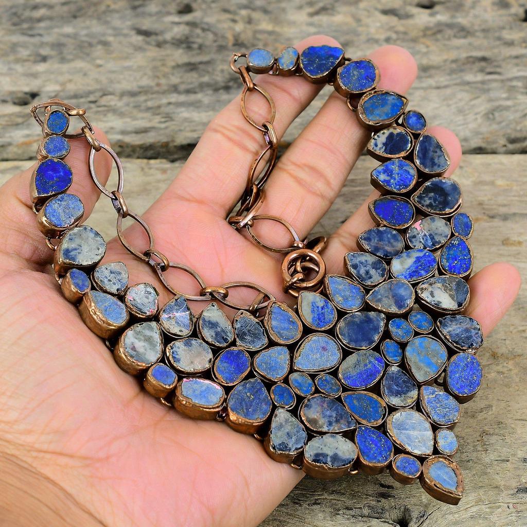 Грубое ожерелье из содалита Ожерелье из гальванизированной меди Ожерелье с регулируемой цепочкой Лазурит Грубое ожерелье из драгоценных камней Медные украшения ручной работы