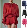 Women Dress Shirt Round Neck Lace-up Puff Long Sleeve Pullover Tops Zipper Closure Casual Tops Daily Wear
