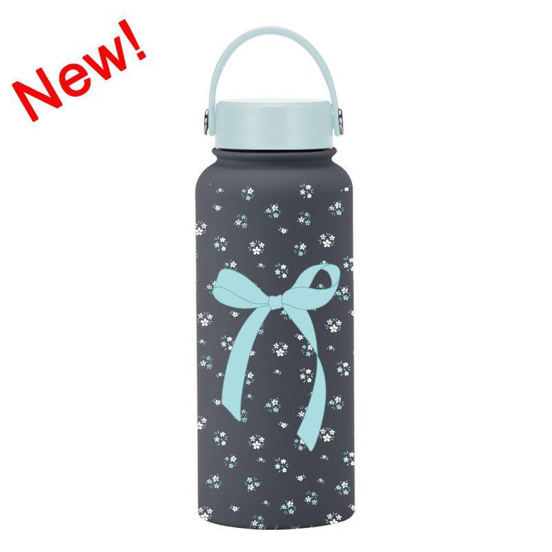 2025 New Model 1L Large Capacity Thermos Cup with Wide Mouth, Portable Handle, Sports Water Bottle, Outdoor Printed Water Cup for Women