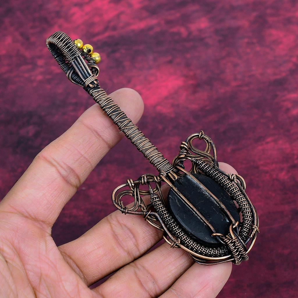 Black Tourmaline Rough Gemstone Pendant Guitar Copper Wire Wrapped Unique Pendant