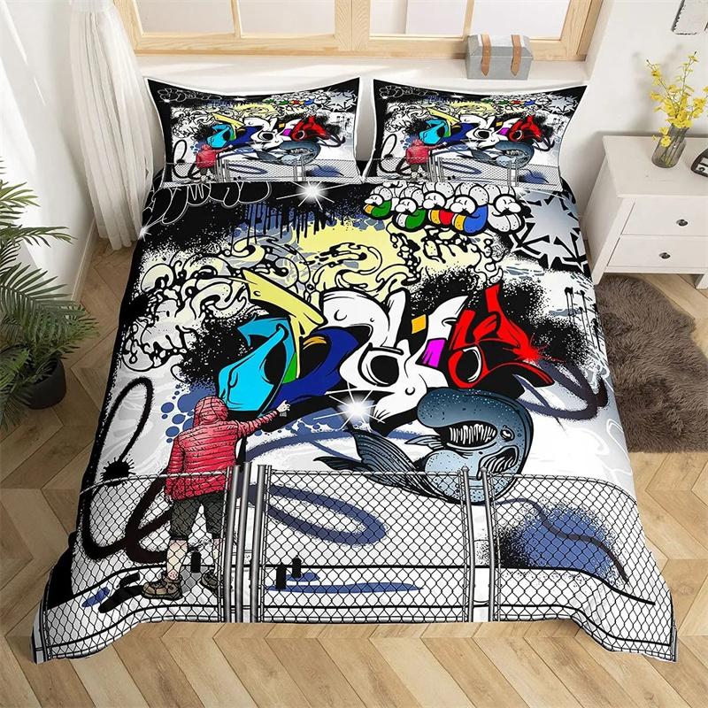 Hippie Graffiti King Queen Duvet Cover Hip Hop Bedding Collection For Kids Teens Adults Wall Urban Street Art Polyester Quilt Cover