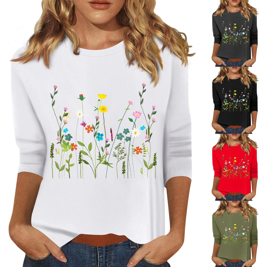 Women's Fashion Casual Printed Seven Sleeve Round Neck Top