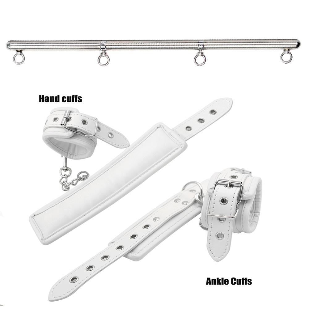Adjustable Stainless Steel Spreader Bar With Leather Padded Handcuff Ankle Cuff Dog Collar Lockable Bdsm Sex Slave Restraint Set