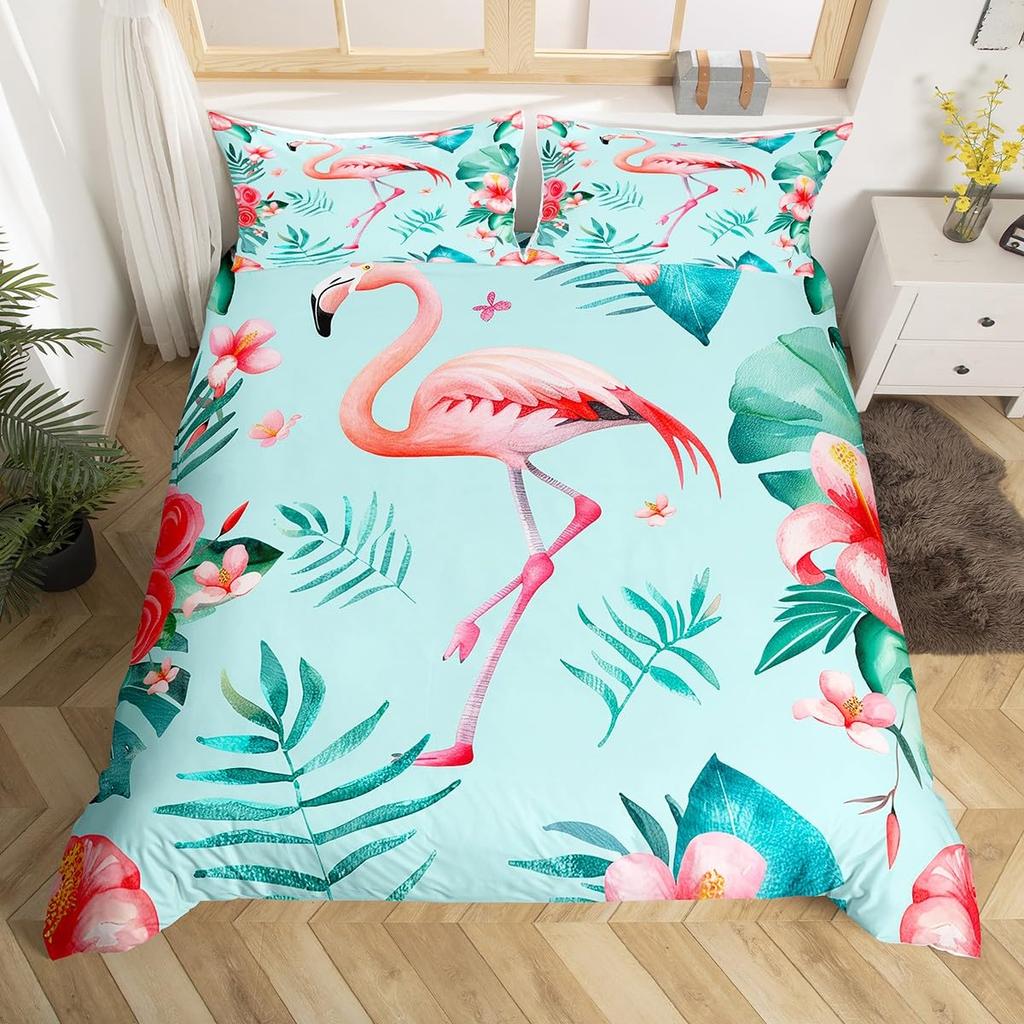 Chic Flamingo Duvet Cover Queen Beach Theme Tropical Animal Bedding Set, Coastal Sunset Comforter Cover Cute Wildlife Bed Set