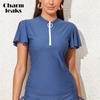 Women's Blue Solid Color Rushguard Falbala Top Front Zipper