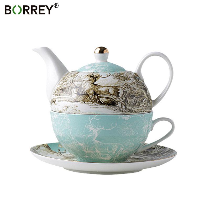 BORREY Bone China Чайный горшок Набор Цветочный чайник Керамическая чашка Офисная кофейная чашка Кружка Послеобеденный чайный сервиз в британском стиле Набор из 4 предметов
