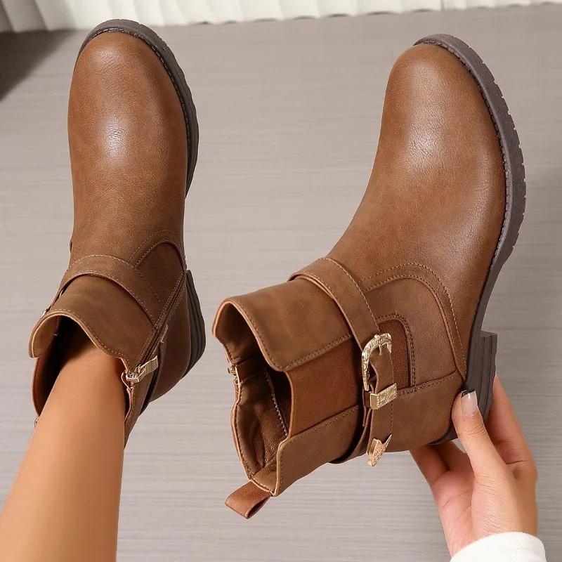Новые Популярные Ретро Ботильоны на Щиколотке с Ремешком и Пряжкой Женские На Низком Каблуке Коричневые Ботильоны на Платформе Кожаные Женские Осенние Ботильоны с Боковой Молнией