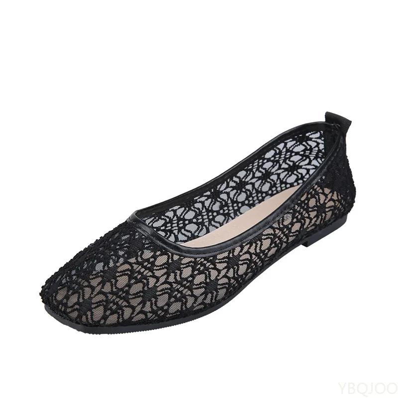 Женские прозрачные кружевные мягкие туфли на плоской подошве, женские пикантные черные туфли-лодочки с квадратным носком, летние дышащие бежевые нескользящие туфли на плоской подошве, размеры 35-40