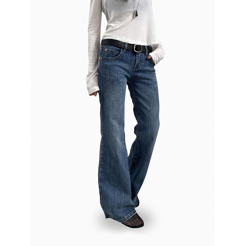 Spring retro low-rise micro-pull jeans women's texture flared casual pants women