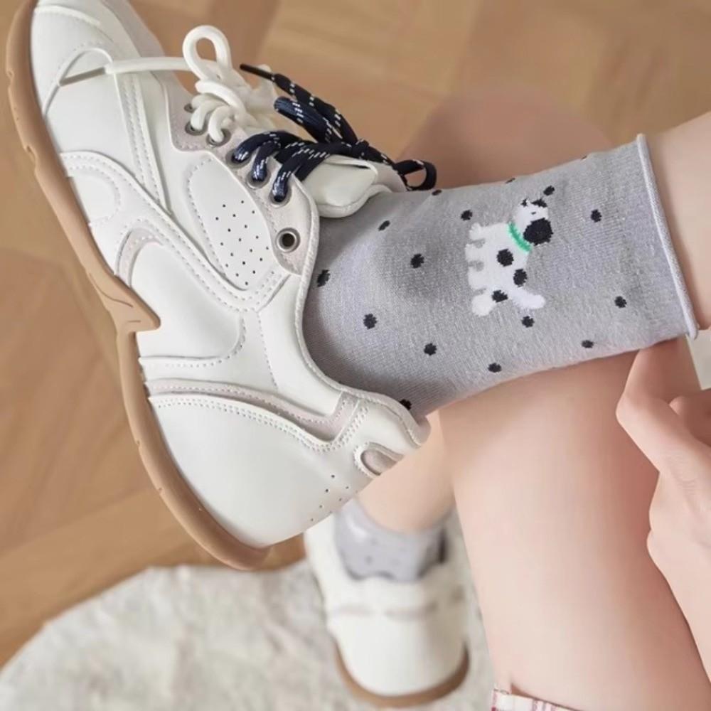 1 Pair Cotton Women Socks Cartoon Dog Cat Printed Middle Tube Socks Kawaii Polka Dot Socks