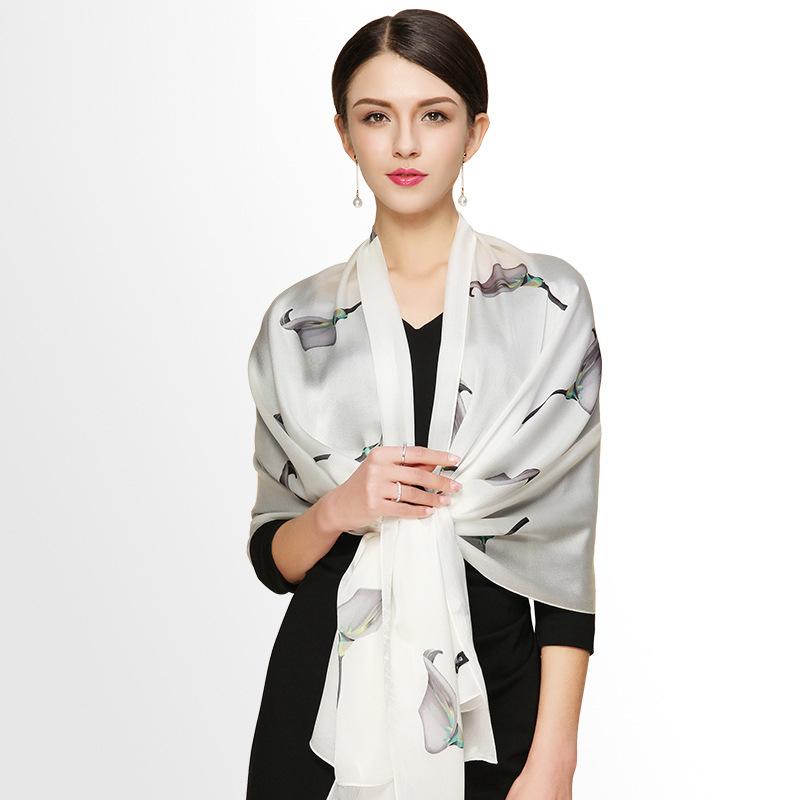 Silk Scarf Streamer Calla Lily Print Women'S Mulberry Silk Silk Scarf Georgette Satin Shawl Elegant Silk