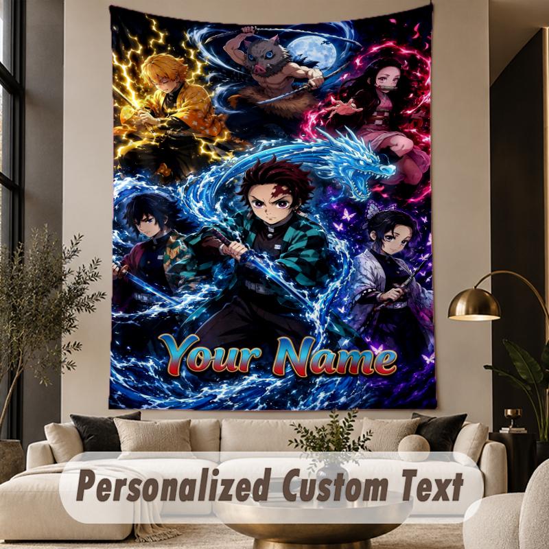 Custom Text Printed Tapestry Demon Slayer Pattern Large Wall Hanging Indoor Room Decor