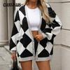 Autumn and Winter Women's Plus Size V-neck Diamond Grid Splicing Color Collision Loose Knitted Cardigan Jacket Sweater